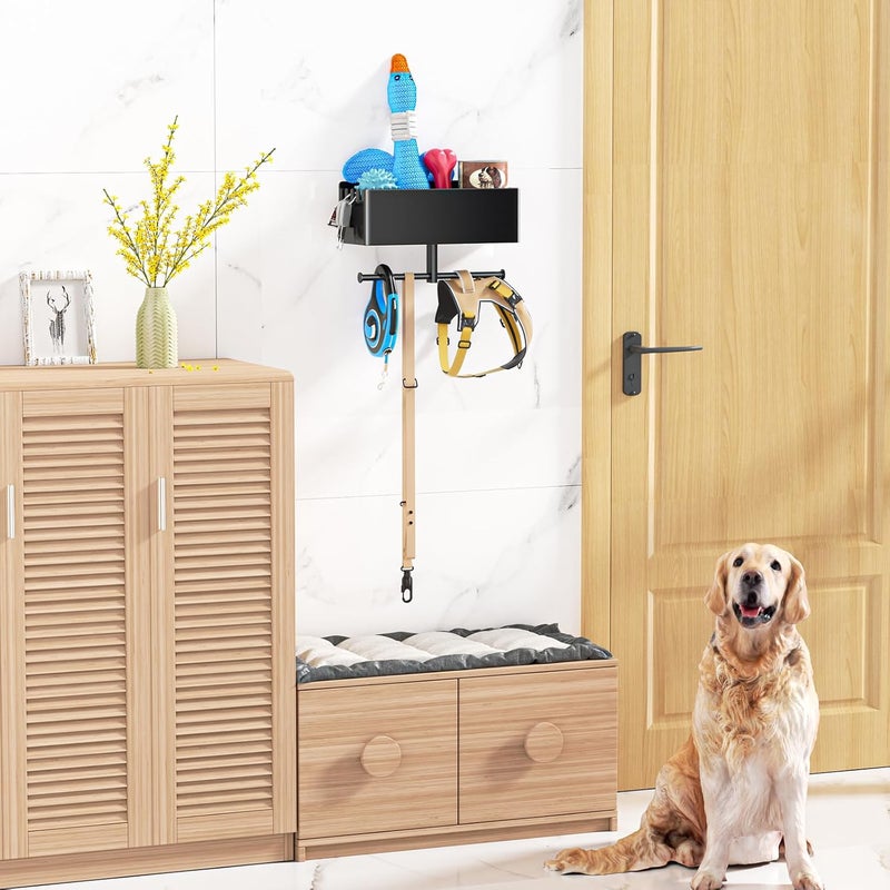 Oukimly Dog Leash Holder for Wall, Dog Leash Hooks, Pet Stuff Organizer with Shelf Storage, Metal Key Holder, Leash Hangers Organizer Rack for Pet Collar, Toys, Treats, Poop Bag (Black) - Image 2